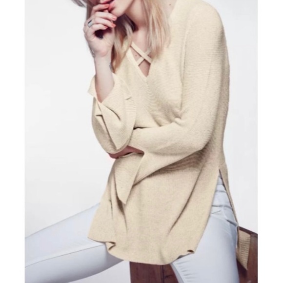 Free People Sweaters - Free People Beige Criss Cross V Neck Split Cuff Tunic Sweater S